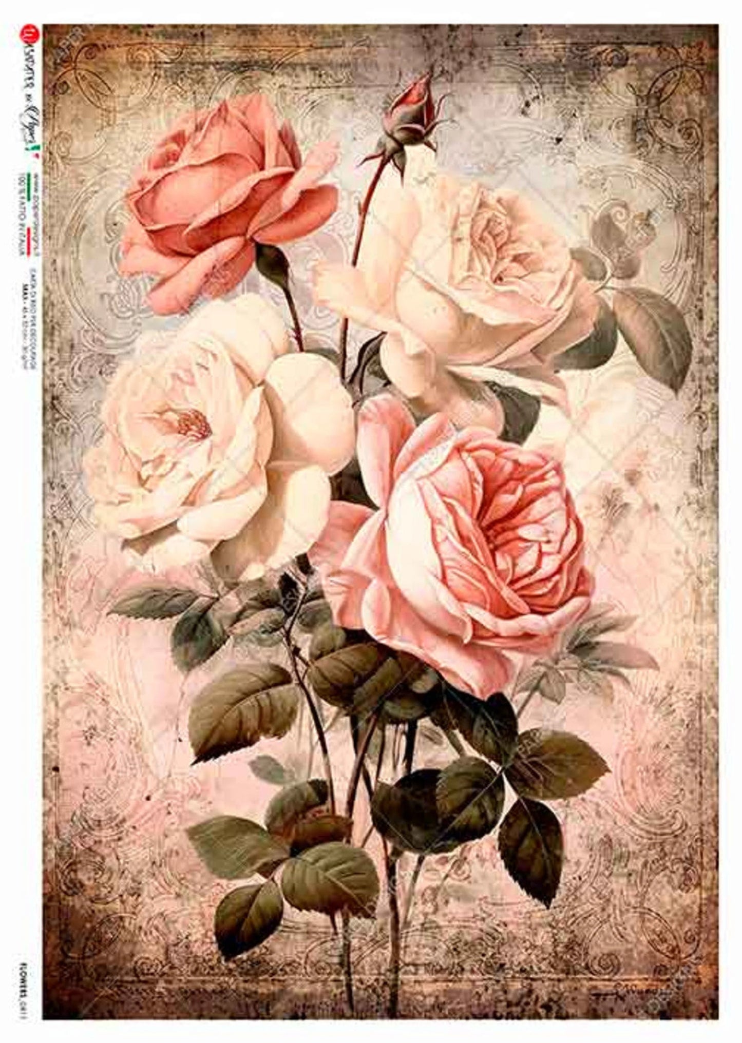 Flowers Vintage Pink & Blush 0411 - A4 8.3 x 11.7 Rice Paper by Paper Designs
