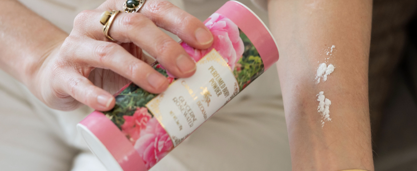 Rosewater Glycerine Perfumed Body Powder 3oz - Camille Beckman