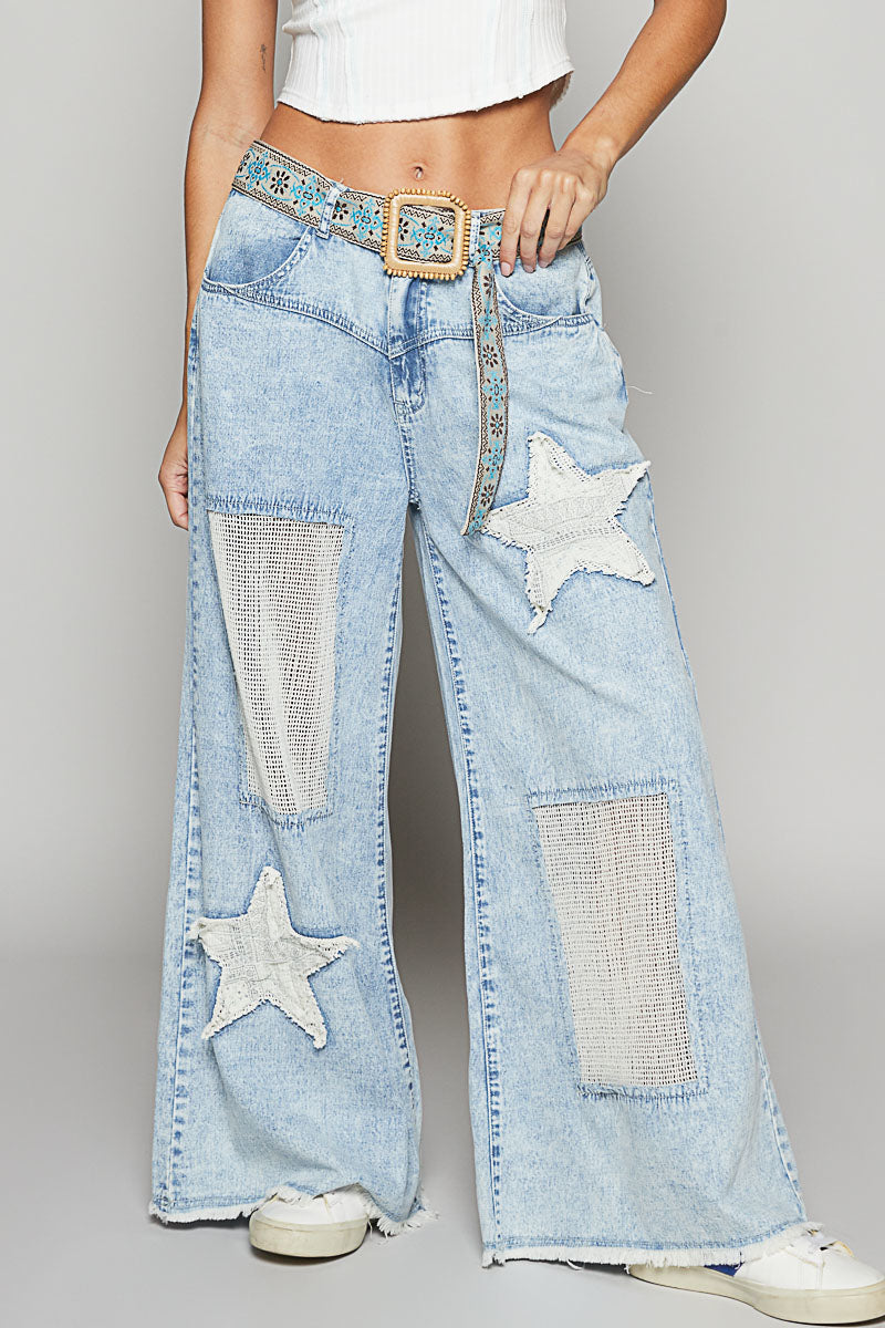 Vintage Washed Crochet Star Patch Solid Pants - POL