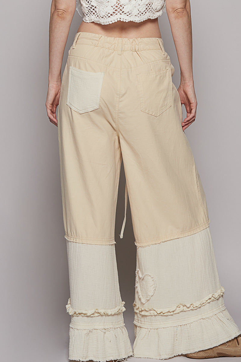 Wide Leg Shirring Ruffle Pants, Oatmeal UWP73 - POL