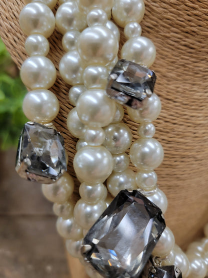 5 Strand Pearl Smokey Crystal Necklace