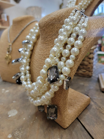 5 Strand Pearl Smokey Crystal Necklace