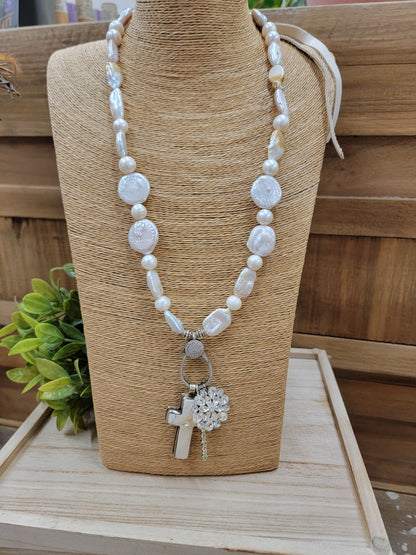Iridescent Real Pearl Cross Necklace