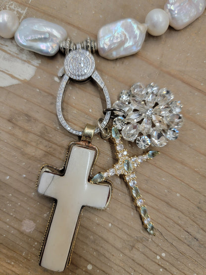 Iridescent Real Pearl Cross Necklace