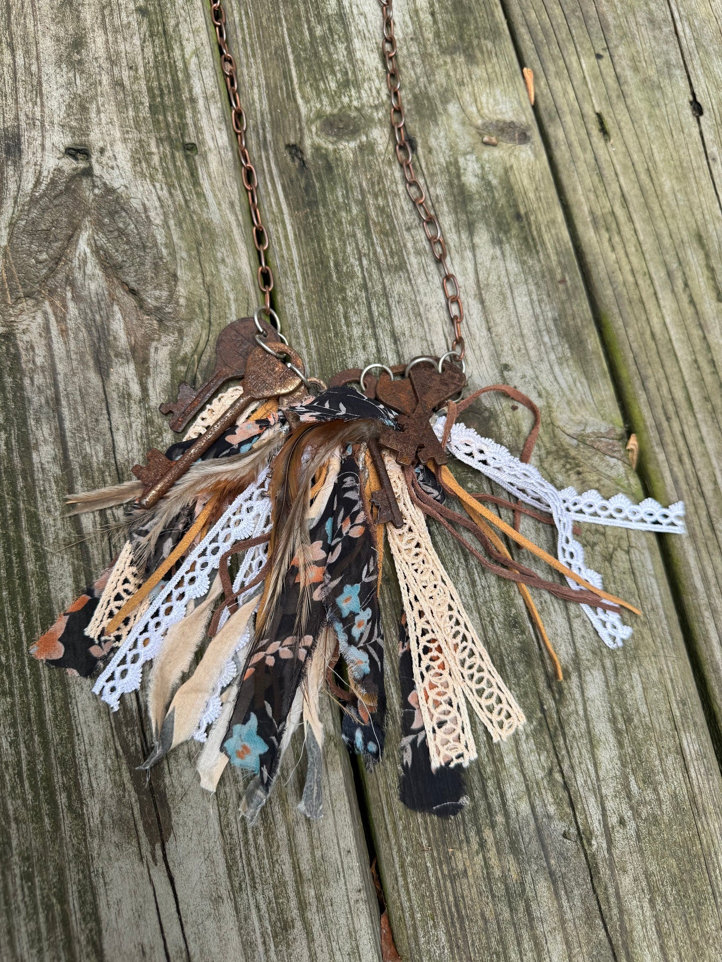 Vintage Rusty Key & Ribbon Necklace