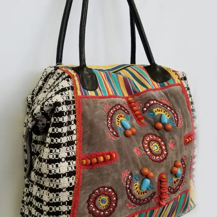 Vintage Houndstooth Fabric & Beaded  Boho Satchel