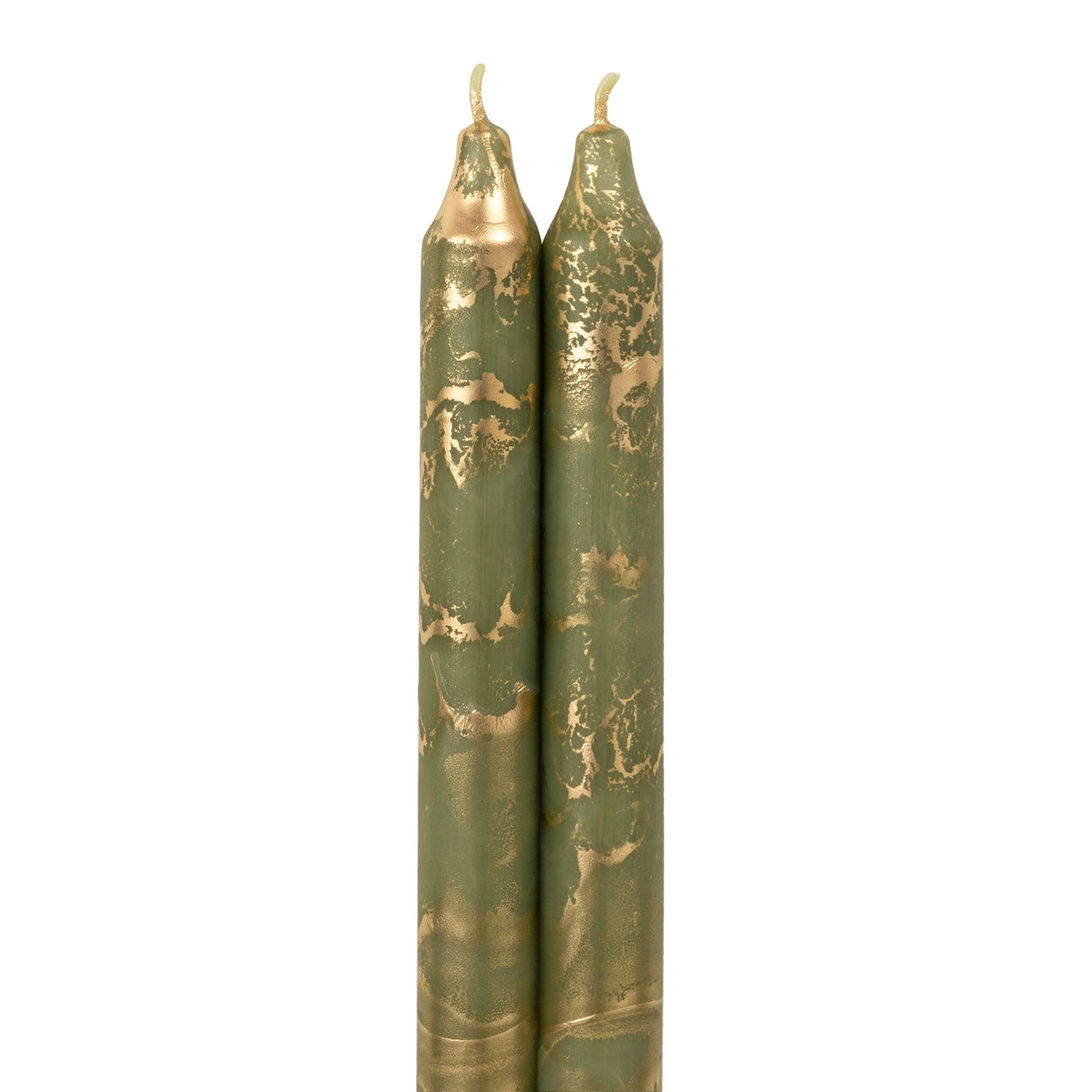 12" Decorative Taper Candles 2pk - Moss Green w/ Gold